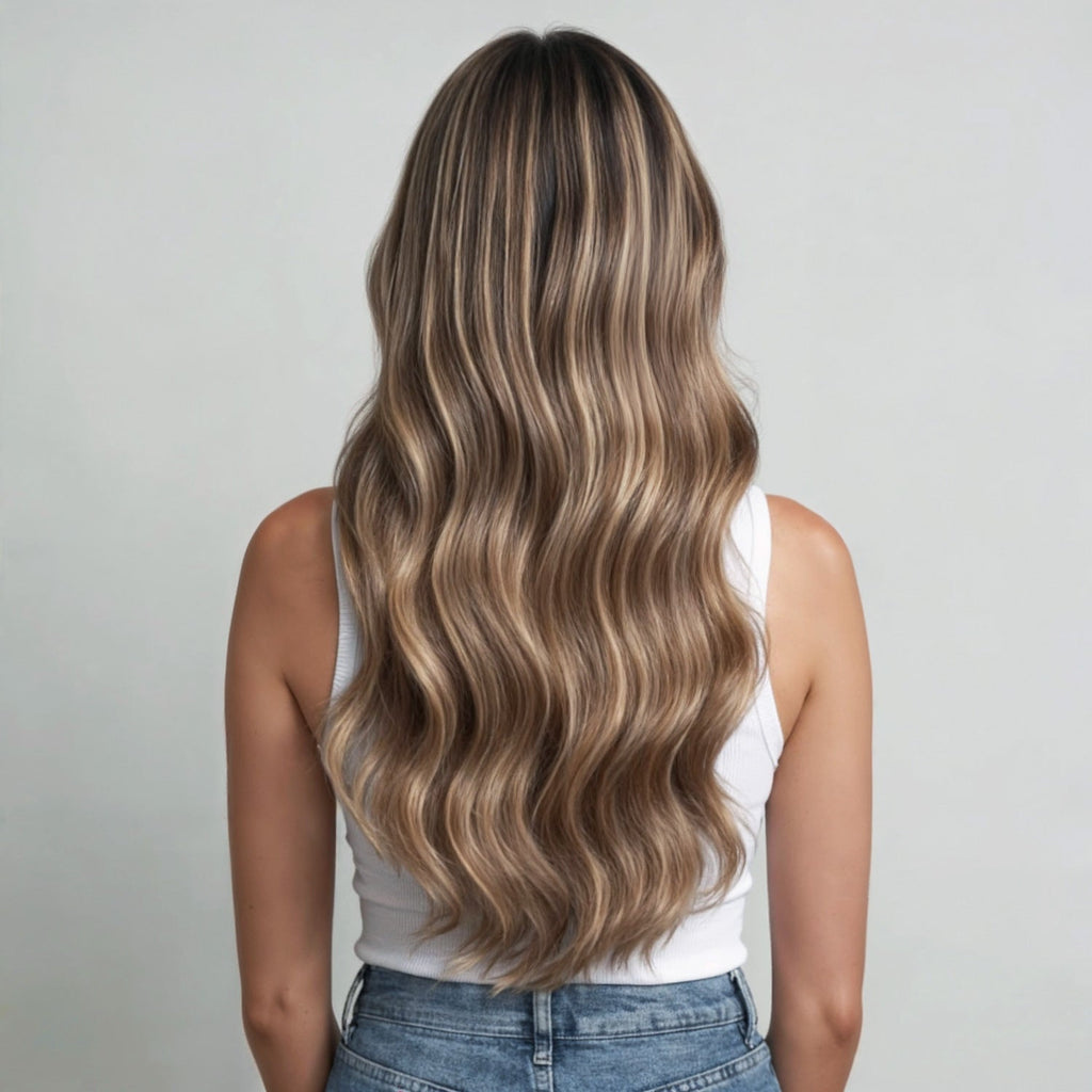 Genius Weft Hair Extensions  #8/22 Cinnamon Brown and Sandy Blonde Highlights